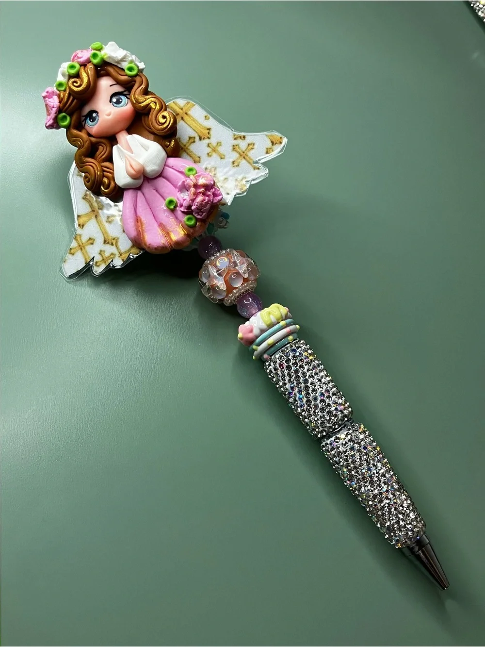 Handmade Clay Angel with Laminated Wings Rhinestone Beaded Pen